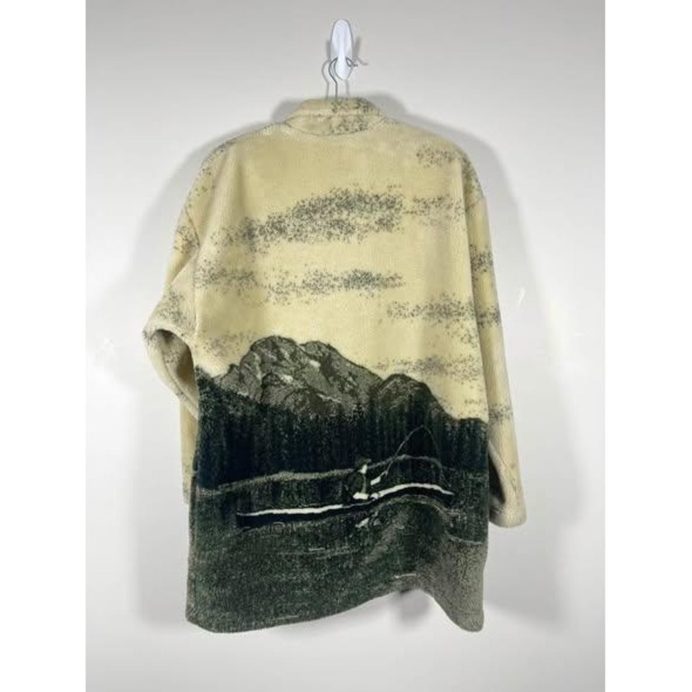 VTG Laura M Scenic Mountains Fishing Fleece Jacket Wms Medium Cream Green 90s - Picture 5 of 10